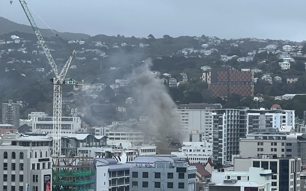 Smoke billows from a major fire at a vacant building on Ghuznee St in central Wellington.