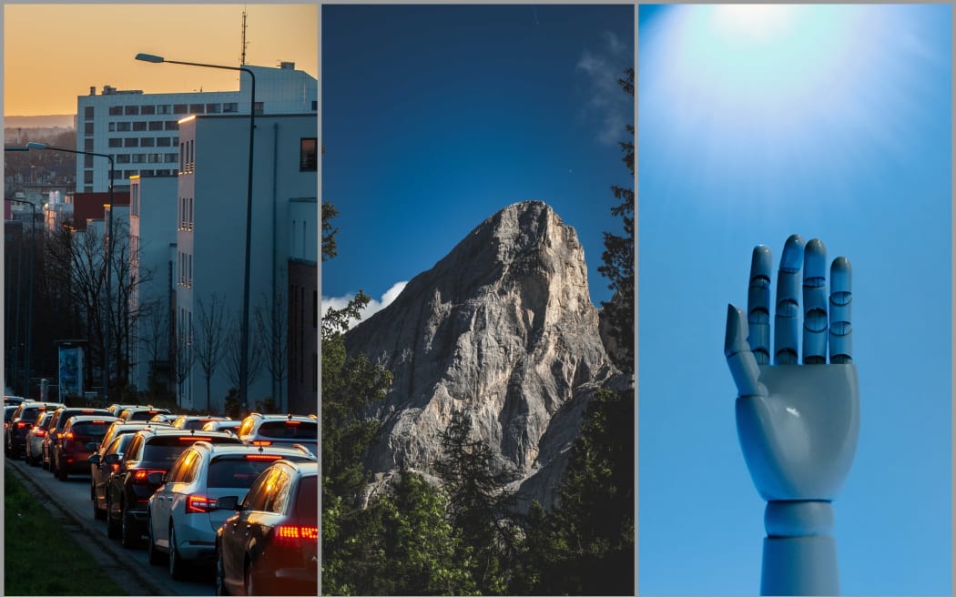Traffic jam, Dolomite Mountains, robot hand