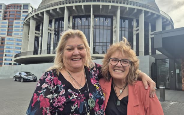 Sonya Rockhouse (left) and Anna Osborne outside Parliament after their meeting with Workplace Safety Minster Brooke van Velden.