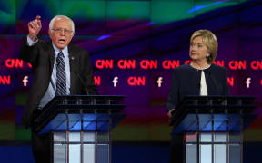 Democratic presidential candidates Bernie Sanders and Hillary Clinton during the debate.