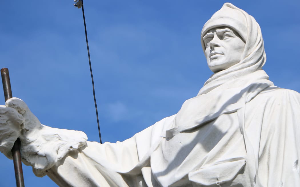 The repaired statue of Antarctic explorer Captain Robert Falcon Scott.