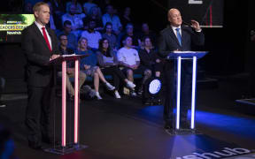 Election 2023 Newshub debate Chris Hipkins and Christopher Luxon are grilled by Patrick Gower from Newshub during the Newshub decision 2020 leaders debate at Q Theatre in Auckland on Wednesday night. 27 September 2023 Photograph by Greg Bowker