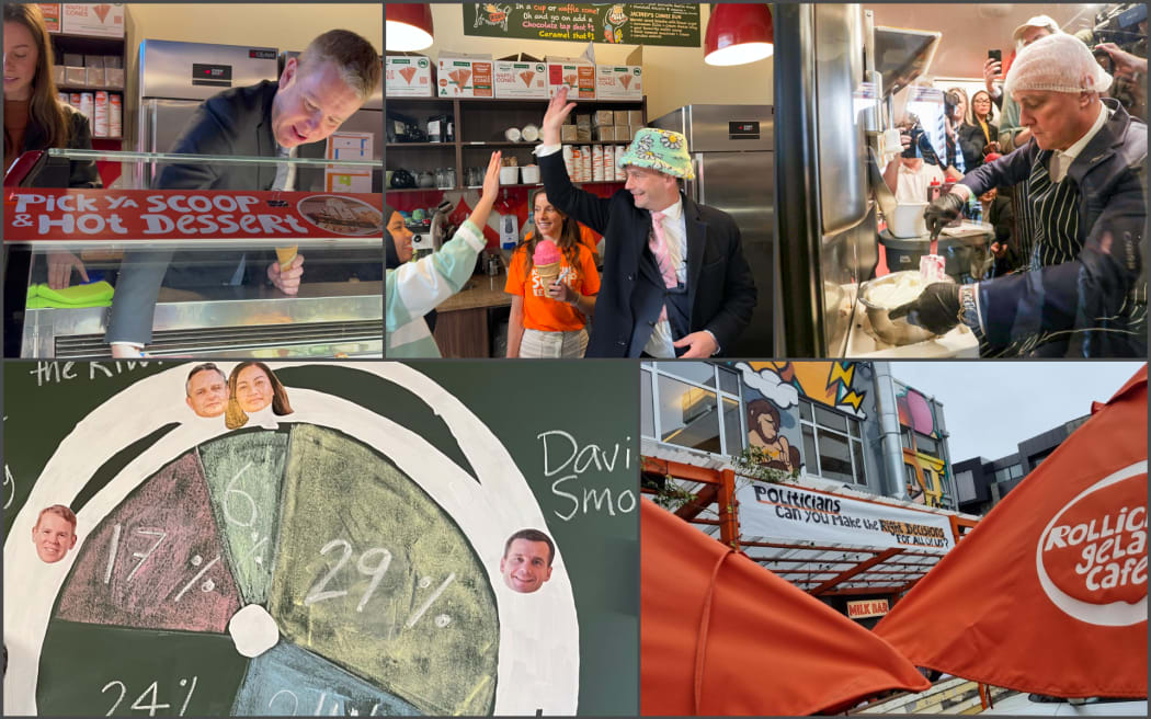 Collage showing Chris Hipkins, David Seymour, and Christopher Luxon at Rollickin Gelato in Christchurch - where ice cream lovers were asked to vote on a favourite scoop.