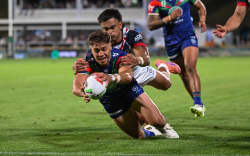 Chanel Harris-Tavita of the Warriors dives for the try line, NZ Warriors v Sydney Roosters, round 1 NRL Telstra Premiership rugby league match at Go Media Stadium, Auckland.