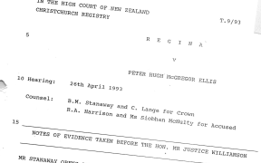 The top sheet of court documents for the High Court trial of Peter Ellis