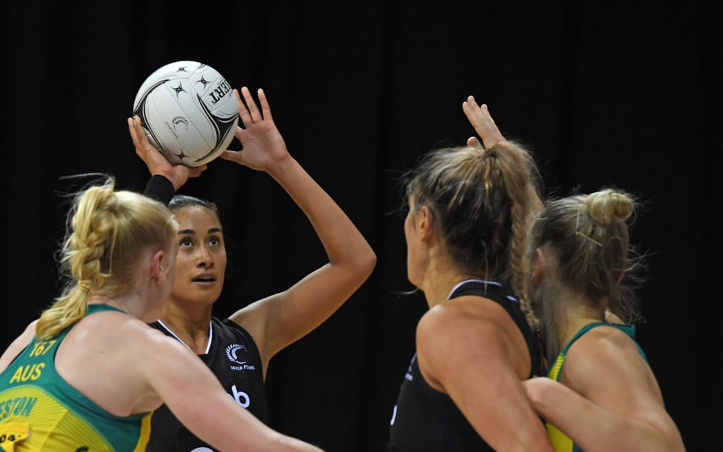 Silver Ferns shooter Maria Folau shooting  for goal.