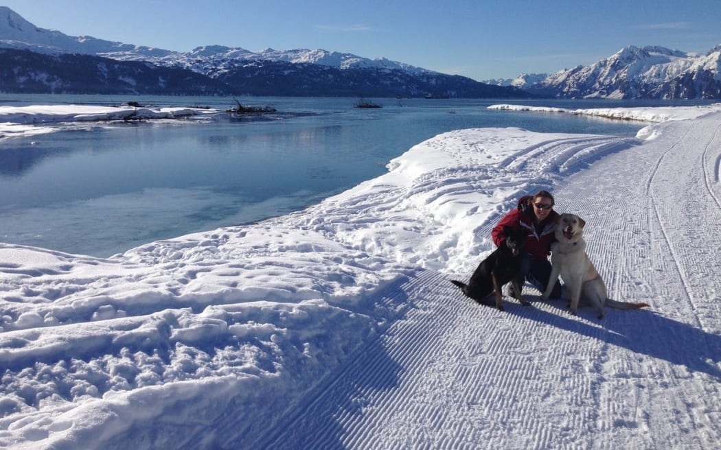 Phil Price walking the dogs at “the Beach”  the groomed trail is part of the 20km of cross country ski trail near Valdez, Alaska