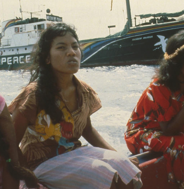 Evacuation of Rongelap Islanders to Mejato by the Rainbow Warrior crew in the Pacific 1985.