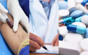 Blood test, pills and a doctor's prescribing pad.