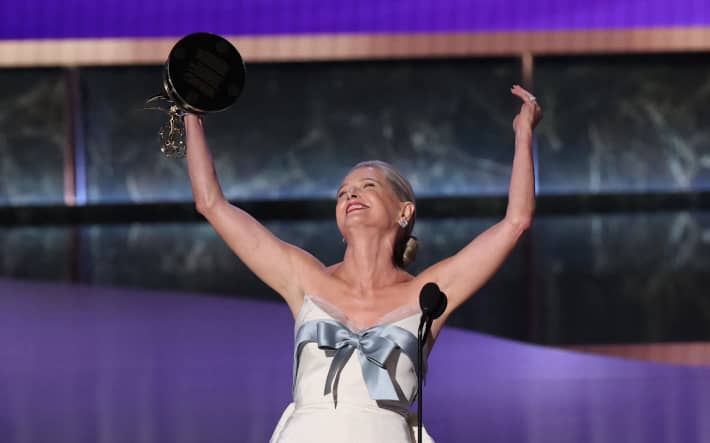 US actress Katherine LaNasa accepts the award for Outstanding Supporting Actor in a Drama Series for "The Pitt".