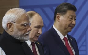 Indian Prime Minister Narendra Modi, Russian President Vladimir Putin and Chinese President Xi Jinping at the BRICS summit in Kazan on 23 October 23, 2024. AFP/ Pool/ Maxim Shipenkov