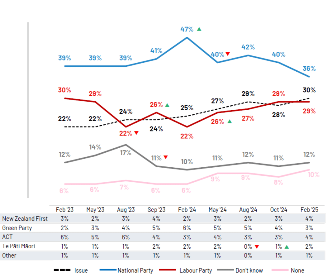 A graph showing the economy at 30 percent has overtaken crime and housing to become the third-biggest concern by participating New Zealanders, its highest rating since February 2021. National is rated as best able to tackle it by 36 percent of New Zealanders, Labour by 29 percent.