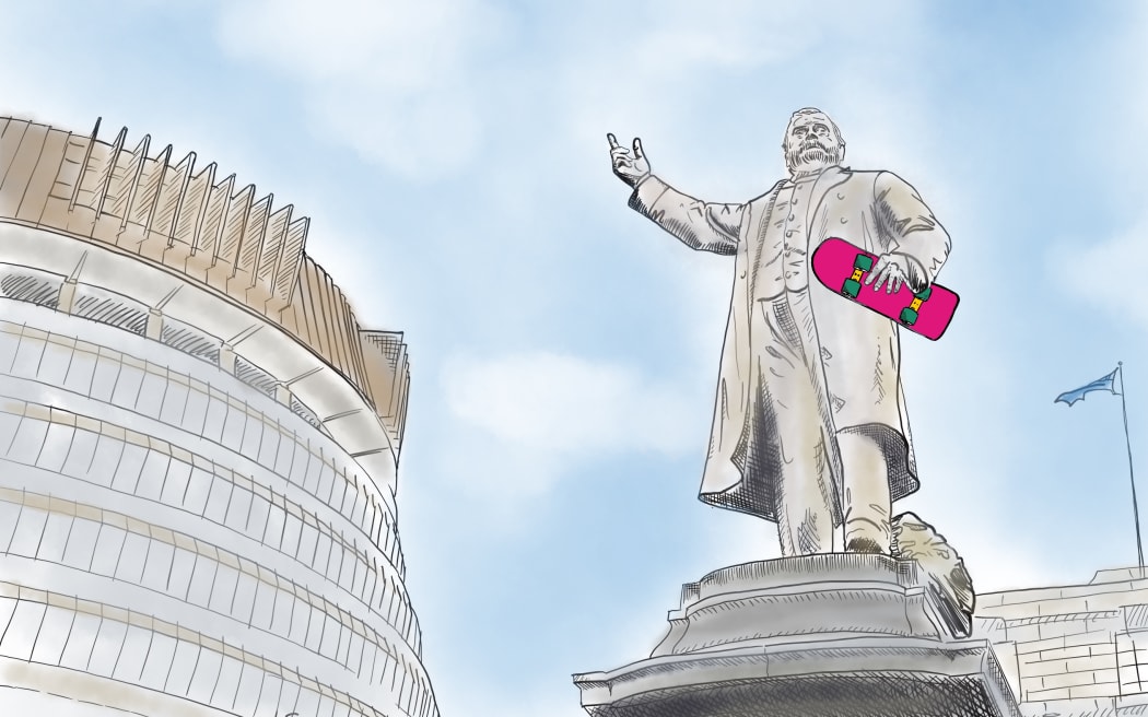 Cartoon image - Statue of NZ Premier Richard Seddon carrying a skateboard