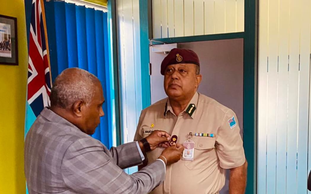 Fiji's Minister for Justice Siromi Turaga, Minister of Justice, left, and Correction Service acting commissioner Sevuloni Naucukidi. 31 March 2025