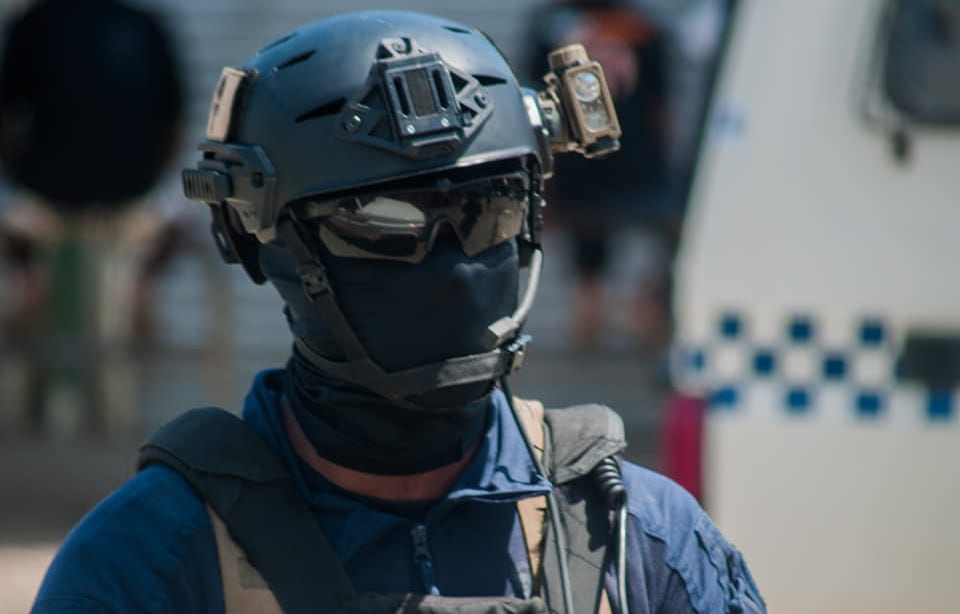 A member of the Police Response Team in Solomon Islands on patrol during the election of the prime minister in Honiara. 24 April 2019