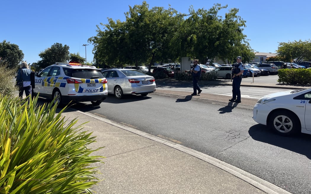 Armed police at Tauranga Hospital amid lockdown over threat on 21 March 2024.
