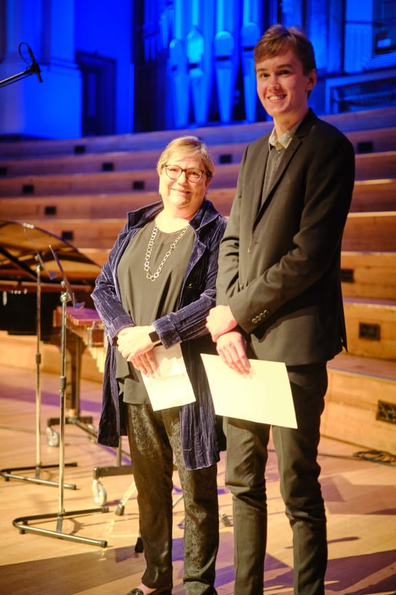 Young composer Geoffrey Hill with Leonie Holmes