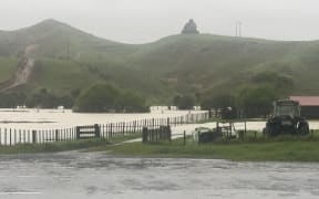 Flooding on farmland at the base of the Awakino Gorge on Tuesday.