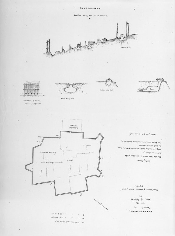 Charles Heaphy's pen drawings show a cross-section of the defences at Te Ruki Kawiti's pā at Ruapekapeka, including palisades, ditches, buildings and tunnels. There is also a plan of the outer defences of the pā, showing palisades, wells, gates and buildings.