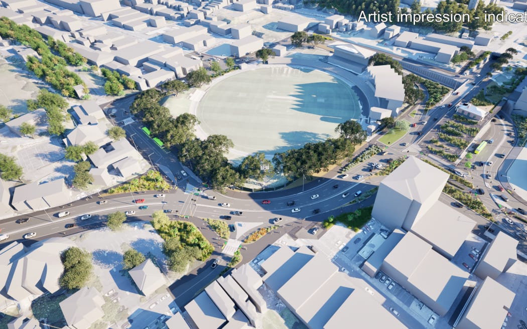 Artist's impression of the Basin Reserve area, Wellington, as part of the NZTA's proposal for State Highway 1 in Wellington.