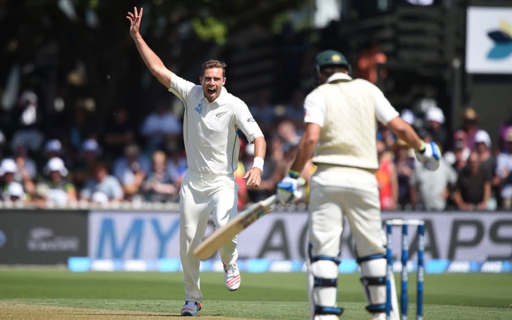 Tim Southee appeals successfully for the wicket of Joe Burns on day one of the first Test at the Basin Reserve, Wellington, Friday 12 February 2016. Copyright photo: Andrew Cornaga / www.photosport.nz