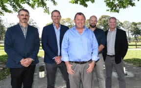 All Blacks head coach Ian Foster, front, with his new coaching/selection team, from left, Scott McLeod, John Plumtree, Greg Feek and selector Grant Fox.