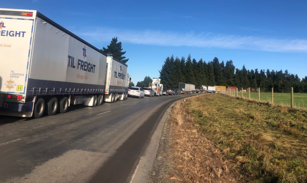 A buildup of trucks on  the Arundel-Rakaia Gorge Road which bypasses SH1 through Ashburton.
