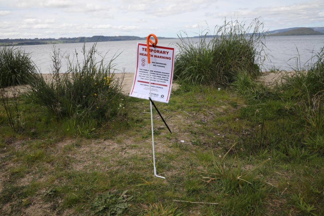 A sign warning the public of a wastewater spill at Ngongotahā, Rotorua, last week.