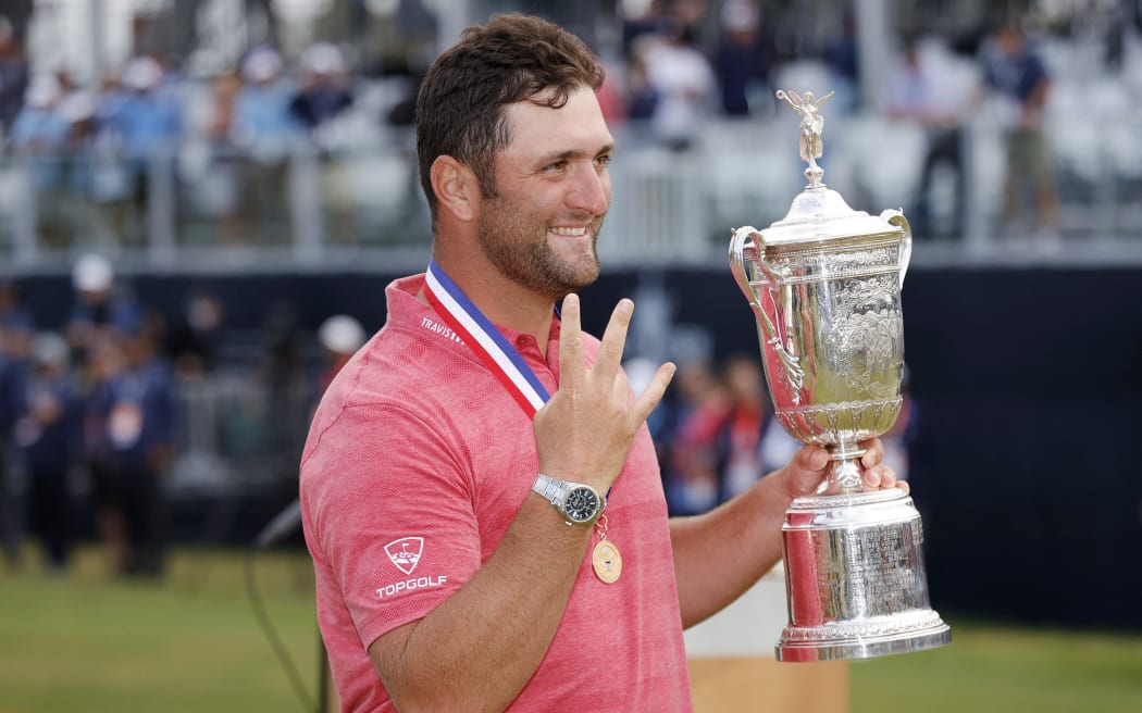 Jon Rahm of Spain celebrates with the trophy after winning the 2021 U.S. Open at Torrey Pines Golf Course (South Course) on June 20, 2021 in San Diego, California.