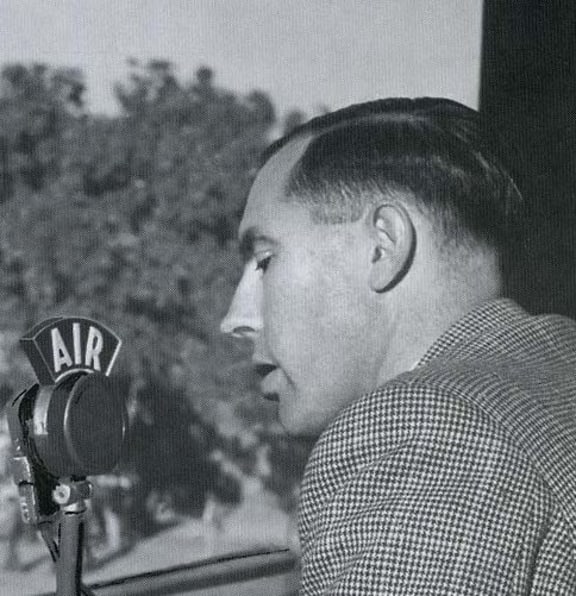 Iain Gallaway at the mike early in his long career.