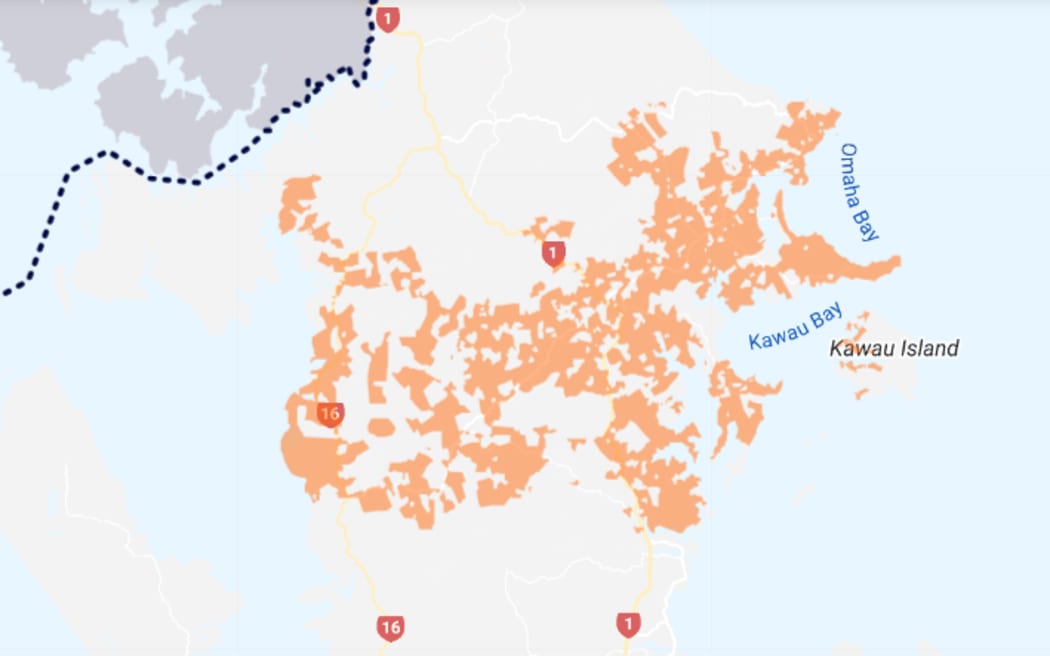 A Vector map showing the power outage in North Auckland, on the evening of 14 June, 2023.