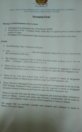 Refugees in Port Moresby were advised to return to Manus Island with dignity.