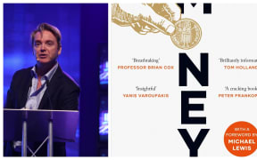 Head shot of David McWilliams at lectern with microphone and image of book cover with graphic of hand putting coin  in for the  letter "o" in the word Money