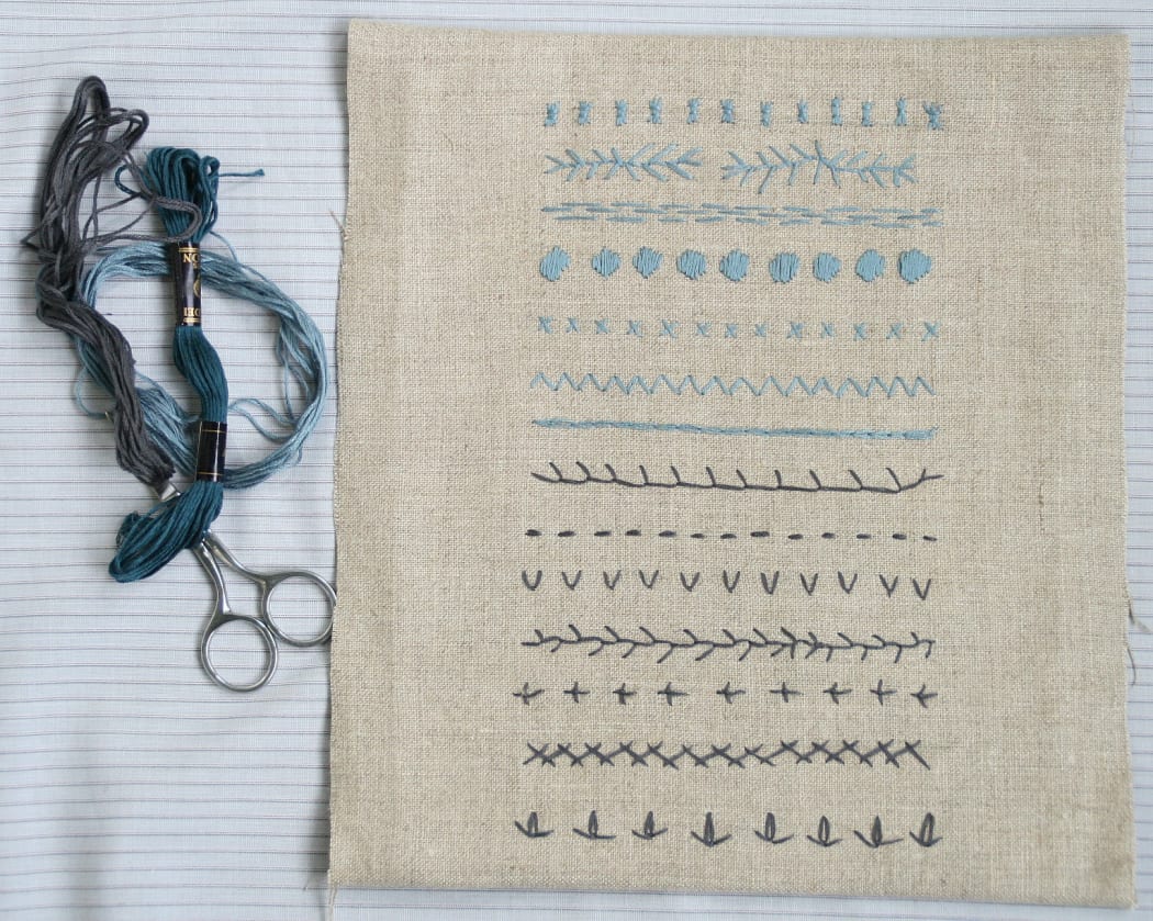A horizontal stitch sampler.