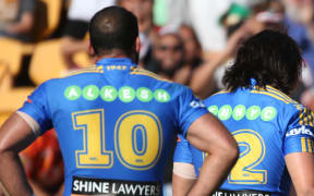 Parramatta Eels players looking dismayed.