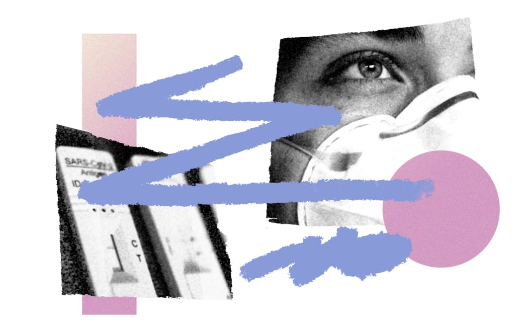 Collage of Covid tests and people wearing masks.