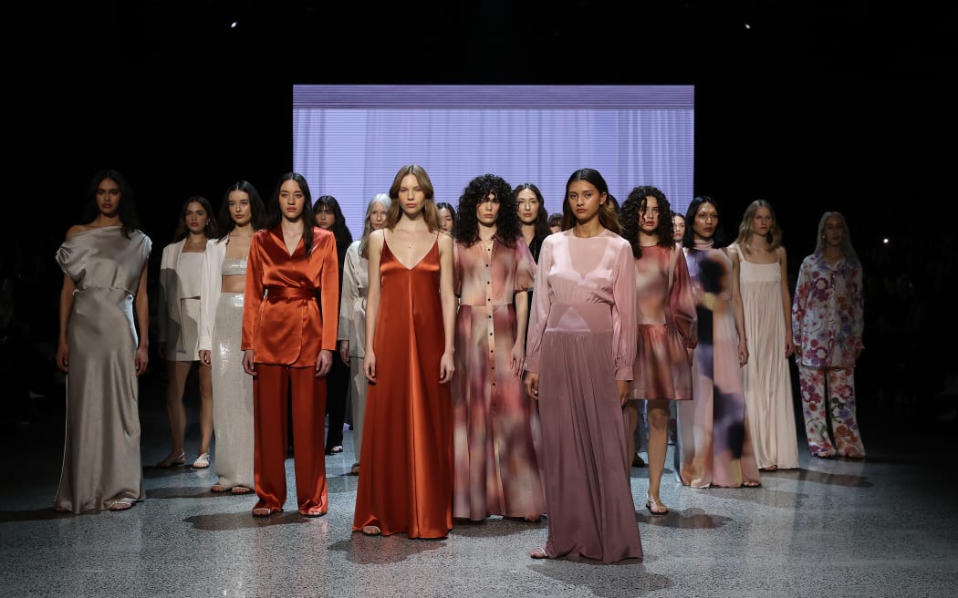 AUCKLAND, NEW ZEALAND - AUGUST 29: Models walk the runway during the Juliette Hogan show during New Zealand Fashion Week 23: Kahuria at Viaduct Events Centre‎ on August 29, 2023 in Auckland, New Zealand.