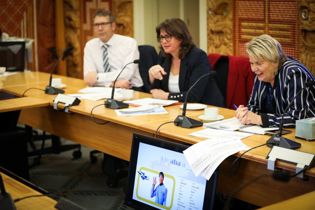 National MPs Nicky Wagner (right), Denise Lee, (center) and Stuart Smith (left) talk Star Trek in their Maori for MPs class at Parliament.