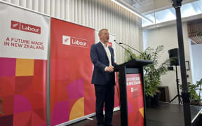 Labour leader Chris Hipkins speaking at a campaign event near Auckland's waterfront on Thursday.
