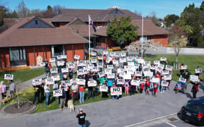 A drone image showing protestors on the Waimakariri District Council lawn in Rangiora in September.