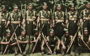Members of the World War Two Cook Islands Local Defence Force (Home Guard) between 1939 and 1945. Original image owned by Tere Mataroa, Colourised by Tepaeru Utia.