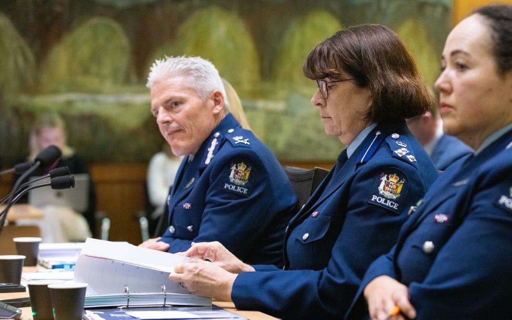 NZ Police Commissioner Richard Chambers answers questions from Parliament's Justice Committee, alongside Deputy Commissioners Jill Rogers  (Northern Districts) and Tusha Penny (Central and Southern Districts).