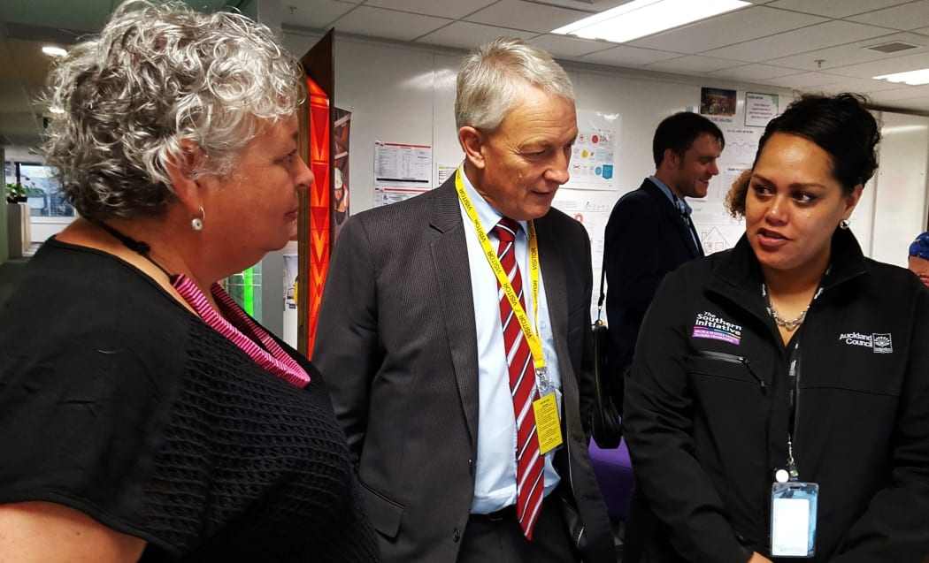 Auckland's Mayor Phil Goff with Gael Surgeoner (left) GM of the council's Southern Initiative, and Dale Williams (right) the leader of it's Maori and Pacific Trades Training Scheme