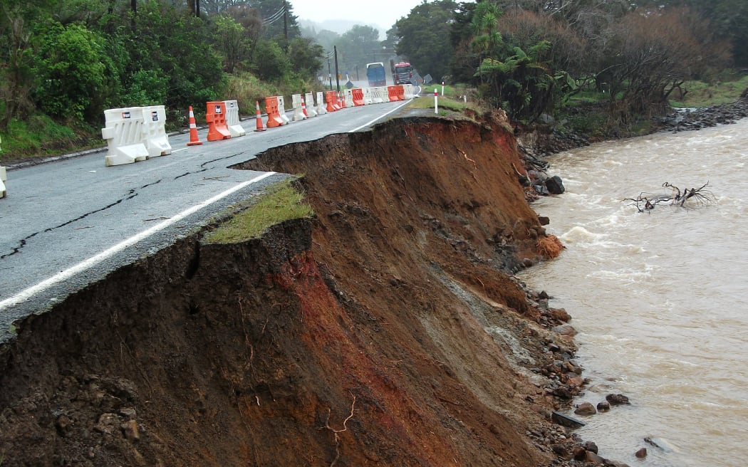 State Highway 12 is the official detour route, but the highway is reduced to a single lane at Kaihu.