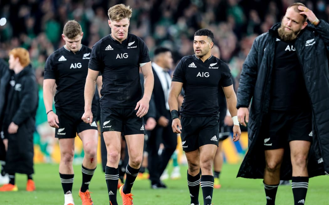 New Zealand's Jordie Barrett dejected after the loss to Ireland 2021.