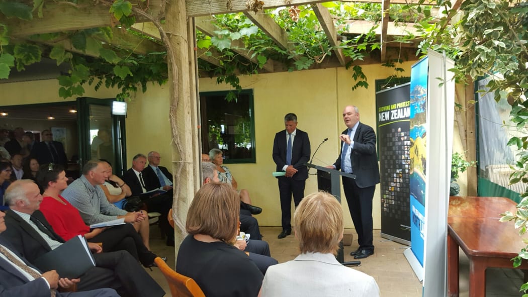 Steven Joyce announces government funding for the Hundertwasser Art Centre, at an event launching the Tai Tokerau Northland Economic Action Plan at the Marsden Estate winery in Kerikeri on 4 February 2016..