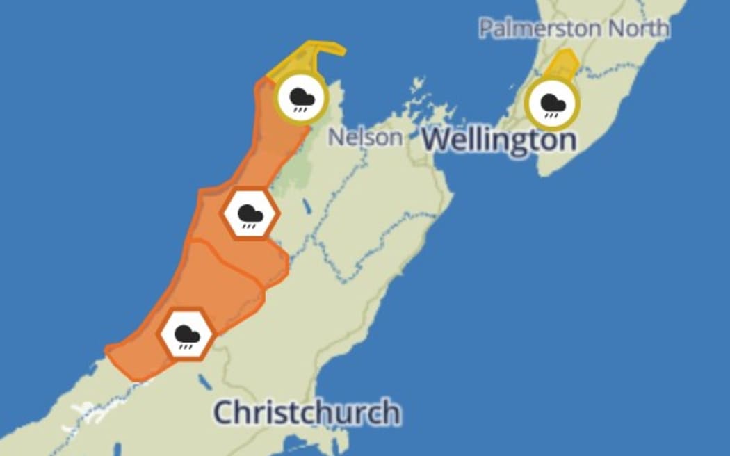 Heavy rain warnings are in place for Buller and the Westland ranges.