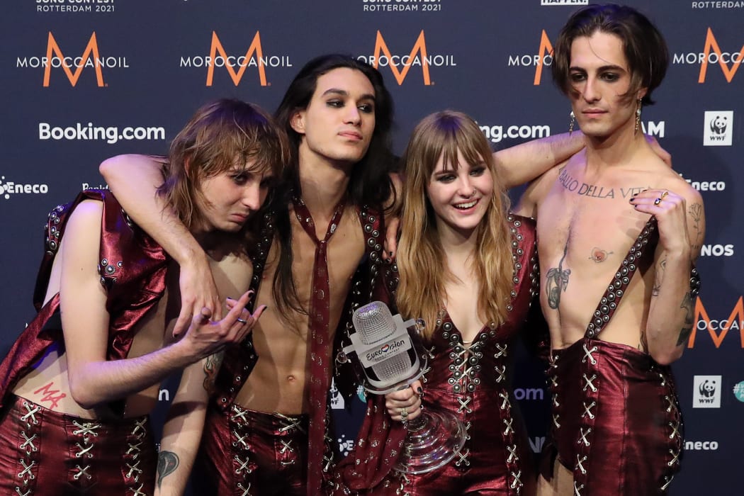 Thomas Raggi, Ethan Torchio, Victoria De Angelis, Damiano David (L-R) of the Maneskin rock band representing Italy, the winners of the 2021 Eurovision song contest.