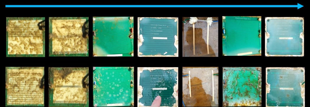 Electroclear have carried out 7 experiments lasting two months. The top row of panels shows various types of electric fields being tested, while the bottom row is, in each case, a paired control with no field.