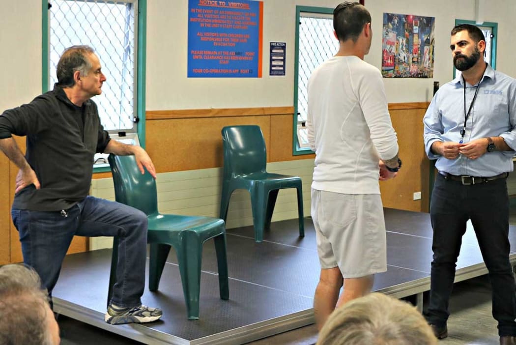 David (left) during the workshop at Paremoremo Prison, where he used Theatre for Living techniques to explore issues (photo/Department of Corrections)